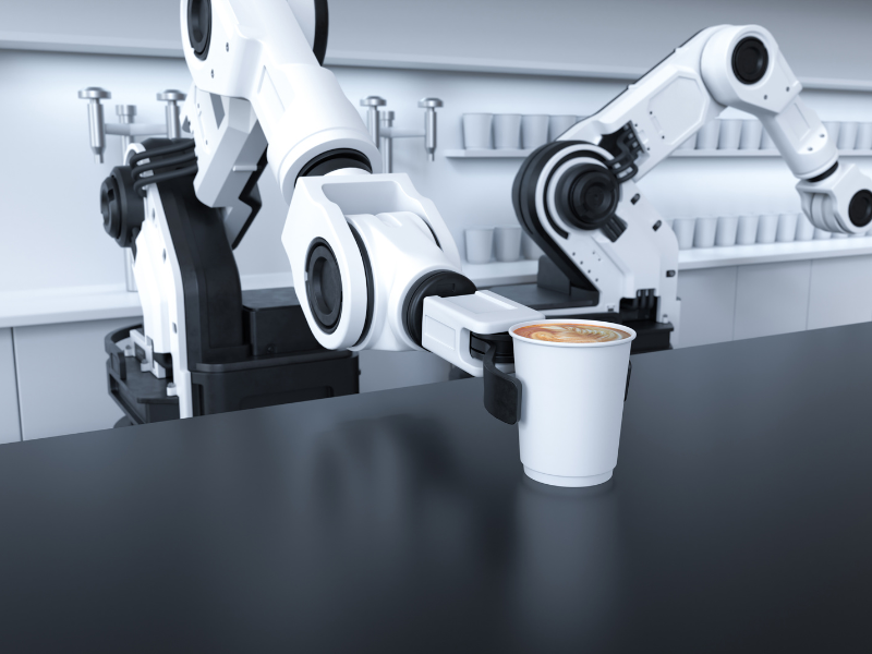 Robotic arm holding a cup of coffee