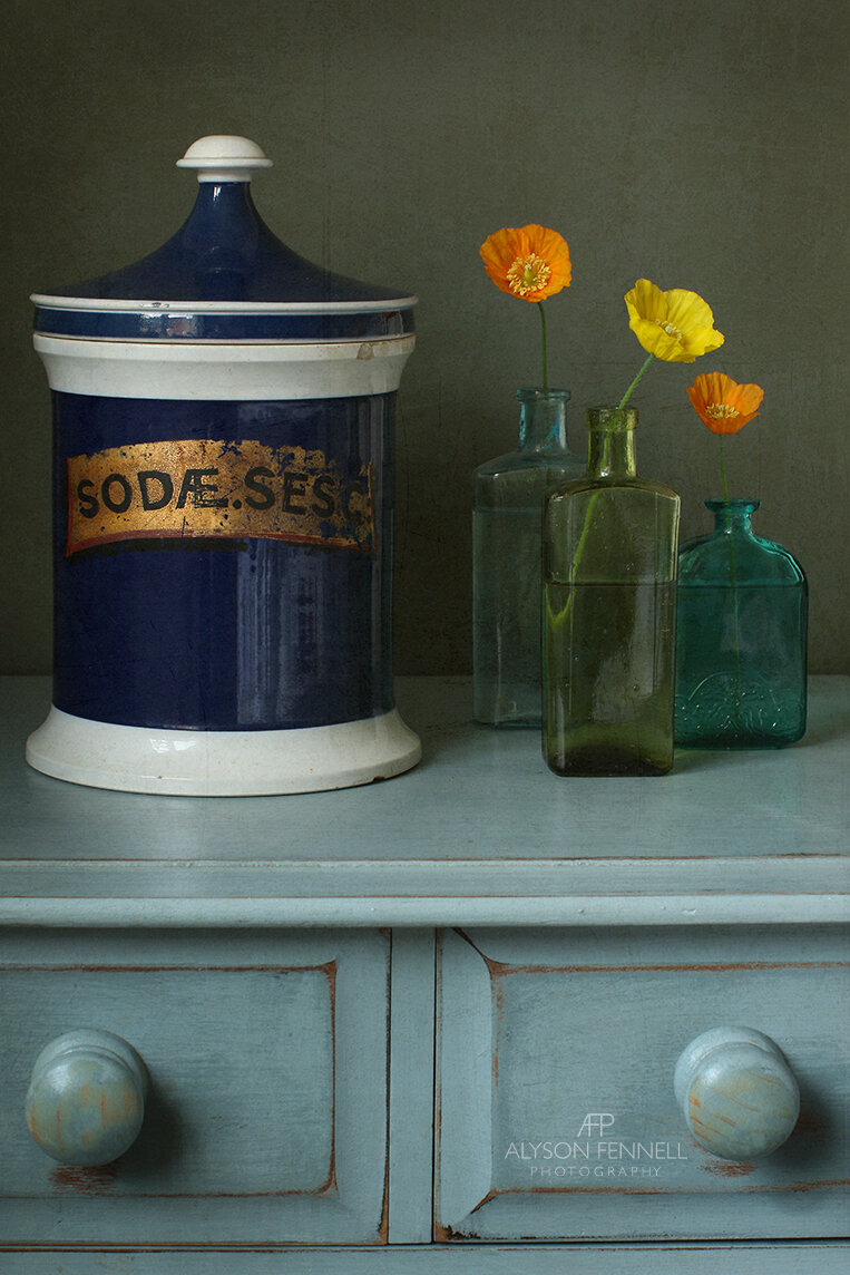 Vintage Apothecary Jar and Welsh Poppies.