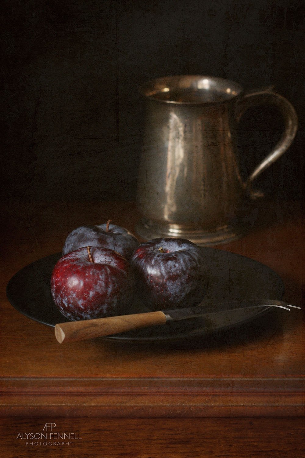 Plums and Vintage Tankard Still Life