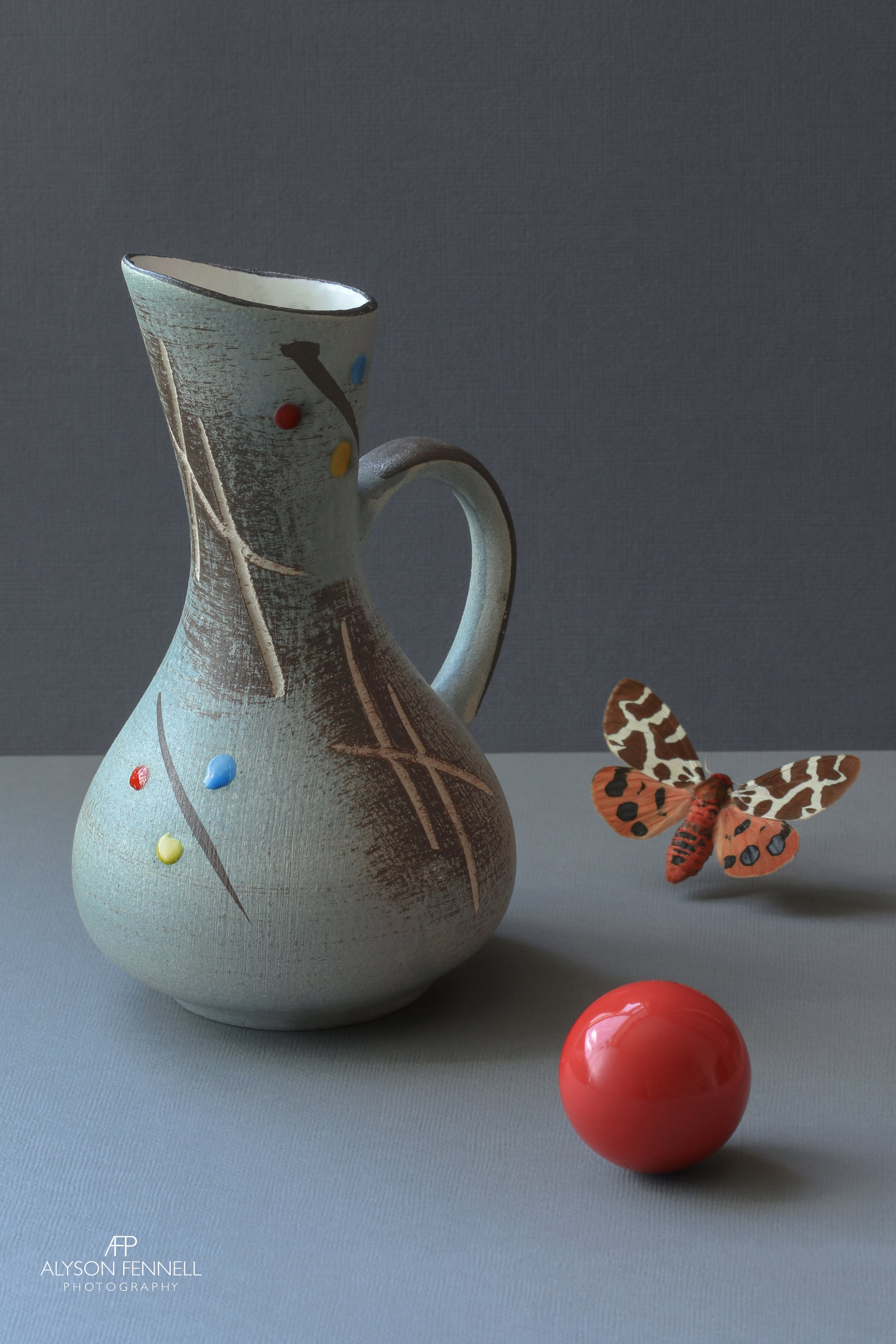 Mid Century German Ceramic Jug, Tiger Moth and Red Pool Ball Still Life