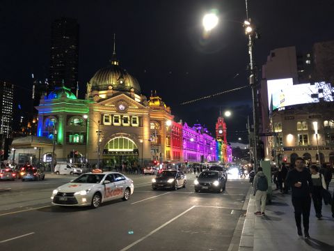 The railway station was all lit up by lights at night! It was beautiful.