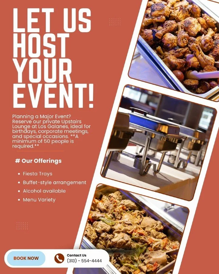 Planning a large event? Our Lounge at Los Galanes is perfect for holiday parties, rehearsal dinners, birthdays, and more.
We offer great food packages and take care of the details.
We are located in the heart of Mexicantown Detroit &mdash; contact us