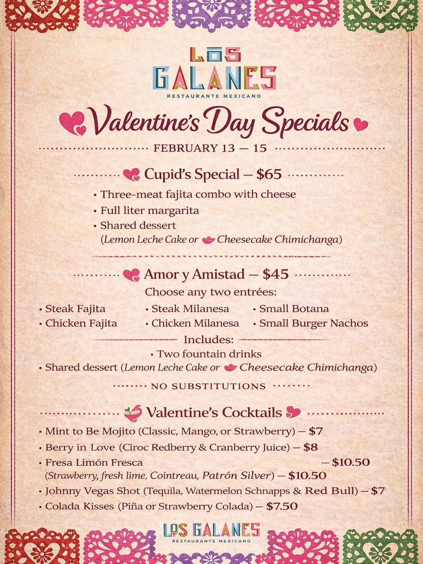 Celebrate Valentine&rsquo;s Day at Los Galanes 💕
Join us February 13&ndash;15 for our Valentine&rsquo;s Day Specials, featuring shareable dinners, desserts, and cocktails made for two. #southwestdetroit #mexicantown #valentinedinner #detroit