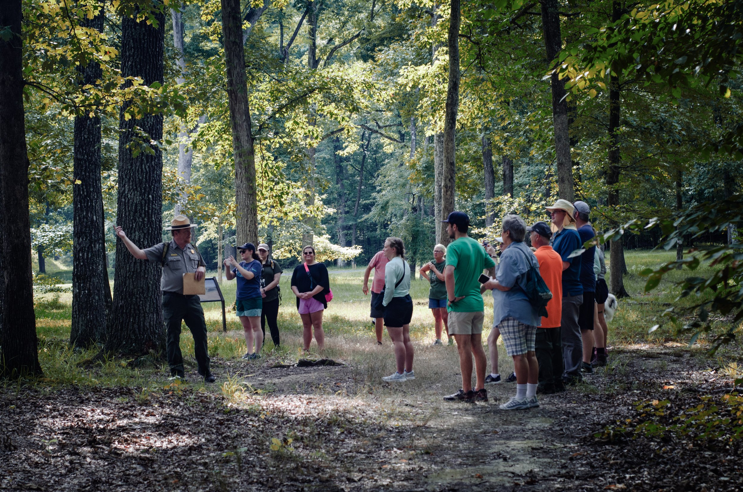  Participants enjoy a park ranger led interpretive hike at Shiloh National Military Park to learn its history and ecological significance.  