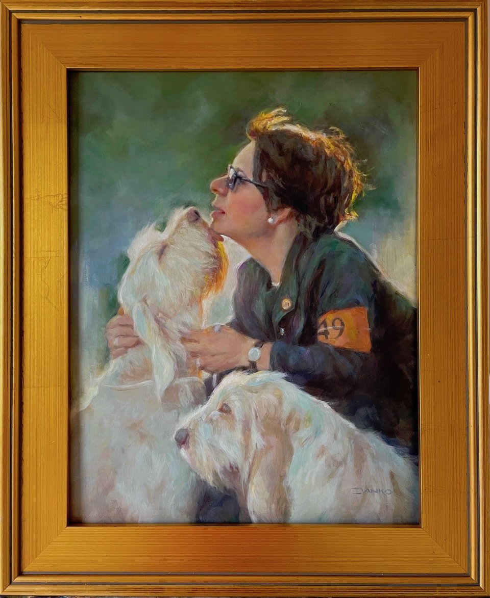 Portrait commission, 2023, "Karen Beyer with her dog Brasch", oil 14x18"