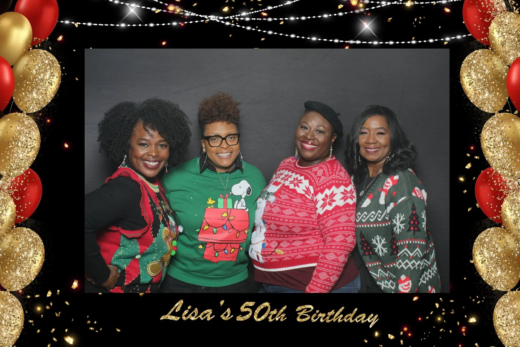Four women dressed in Christmas sweaters and holiday attire smiling at a birthday celebration with a festive border and the text 'Lisa's 50th Birthday'.