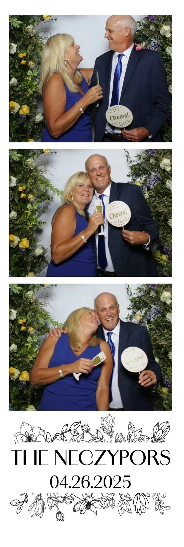 Three photos of a woman and a man celebrating at an event, dressed in blue dresses and suits, holding signs that say 'Cheers!' with floral decorations in the background, and a text section with floral designs indicating 'The NECZYPORS', the date '04.