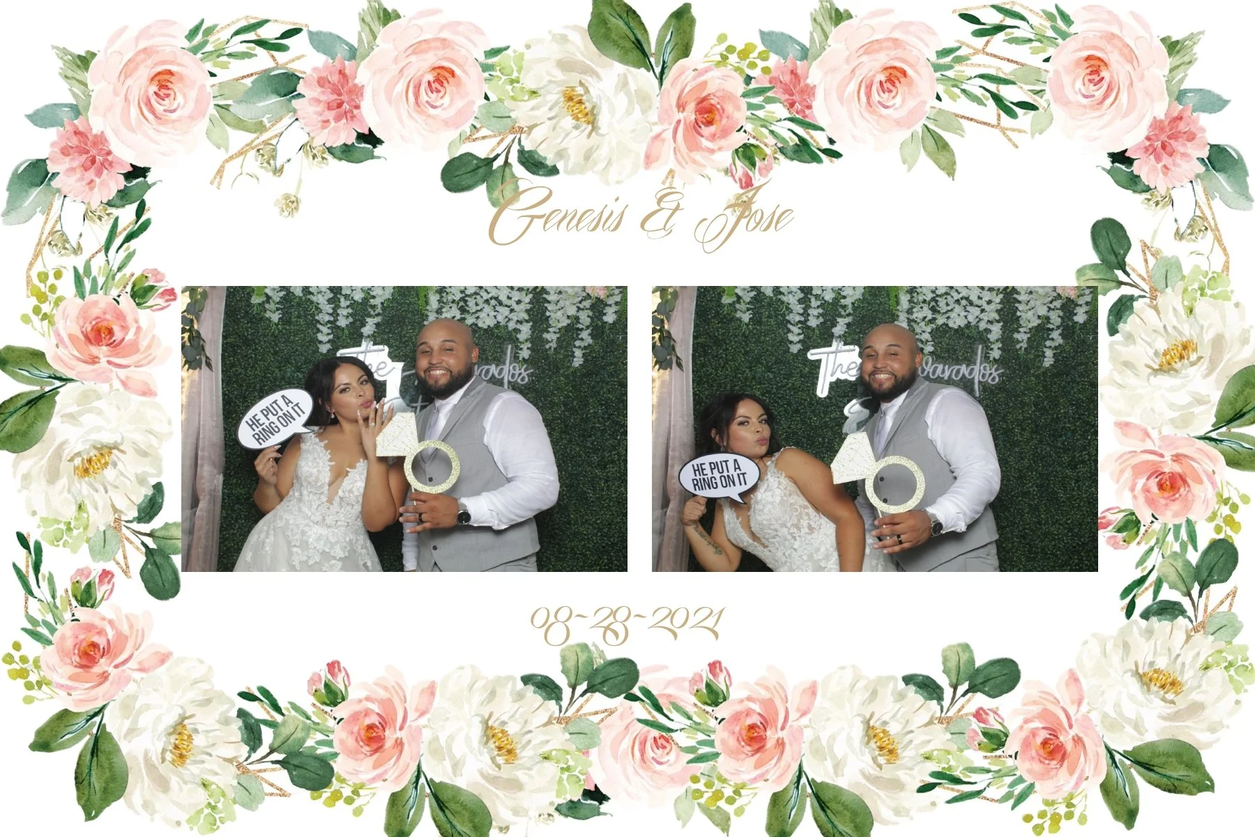 A decorative wedding-themed photo collage featuring two photos of a bride and groom, surrounded by a floral border with pink and white flowers and green leaves. The couple is holding props, with the bride holding a speech bubble that says 'HE PUT A R