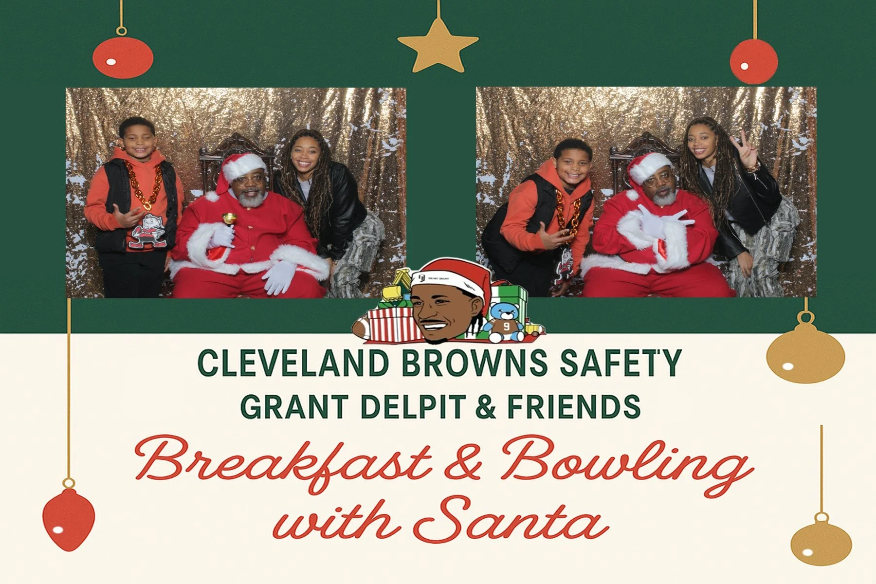 Two photos of kids with Santa Claus, one with a boy and girl smiling and making gestures, the other with the girl making a peace sign, all in front of a glittery gold background. Holiday decorations around the photos and text promoting a Cleveland Br