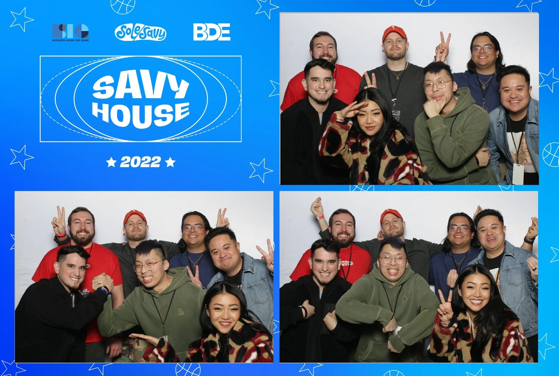 Group photo of diverse young people posing at a photo booth during a 2022 event, with logos of business organizations and decorative stars and shapes on a blue background.