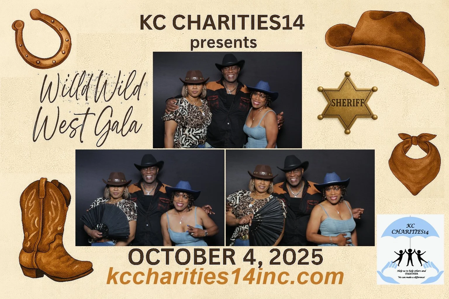 Event flyer for KC Charities14's Wild Wild West Gala featuring photos of three people dressed in western attire, including cowboy hats, a sheriff badge, a horseshoe, cowboy boots, and bandanas, with event date October 4, 2025 and website kccharities1