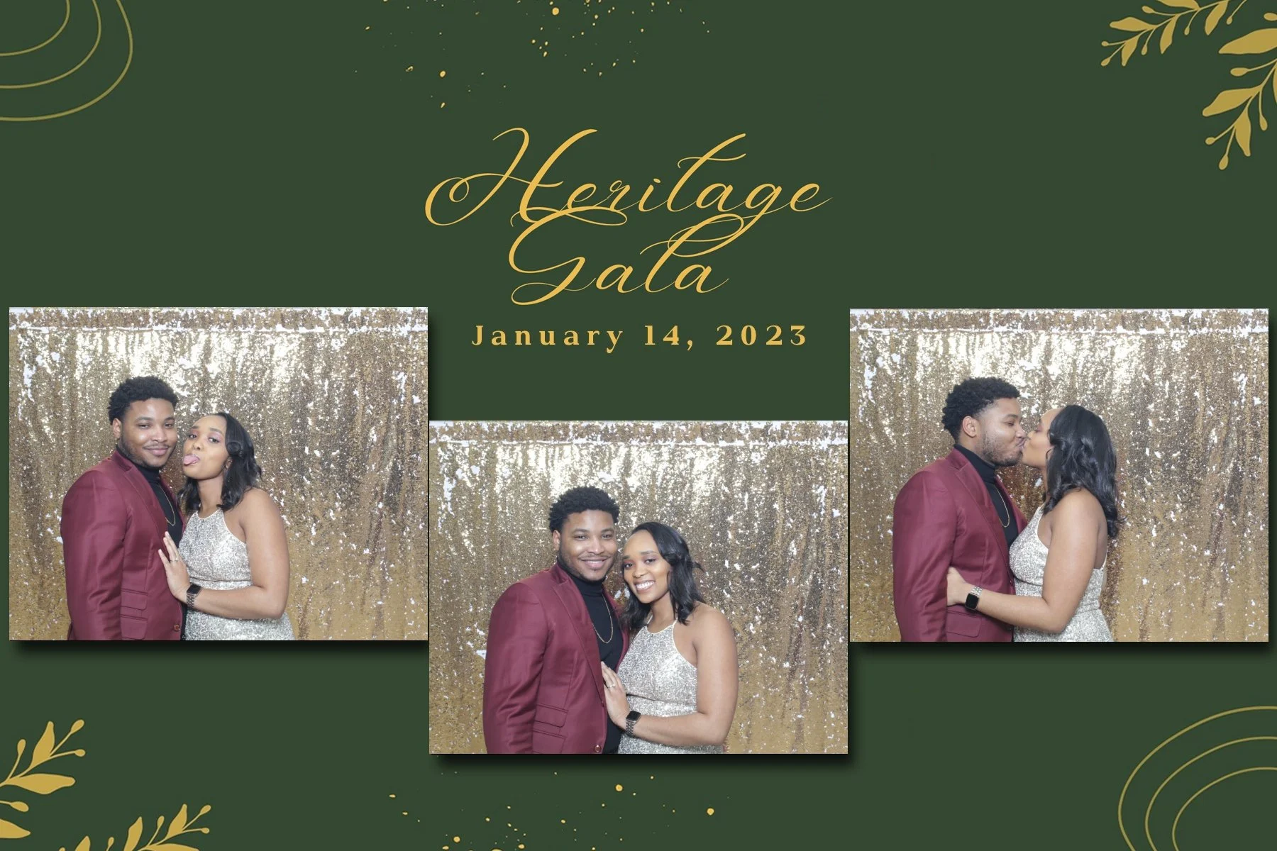 A collage for Herzitage Gala event dated January 14, 2023. It features three photos of a couple posing together in front of a gold sequin backdrop. The woman is wearing a sparkly silver dress and the man a burgundy suit. The top section displays even