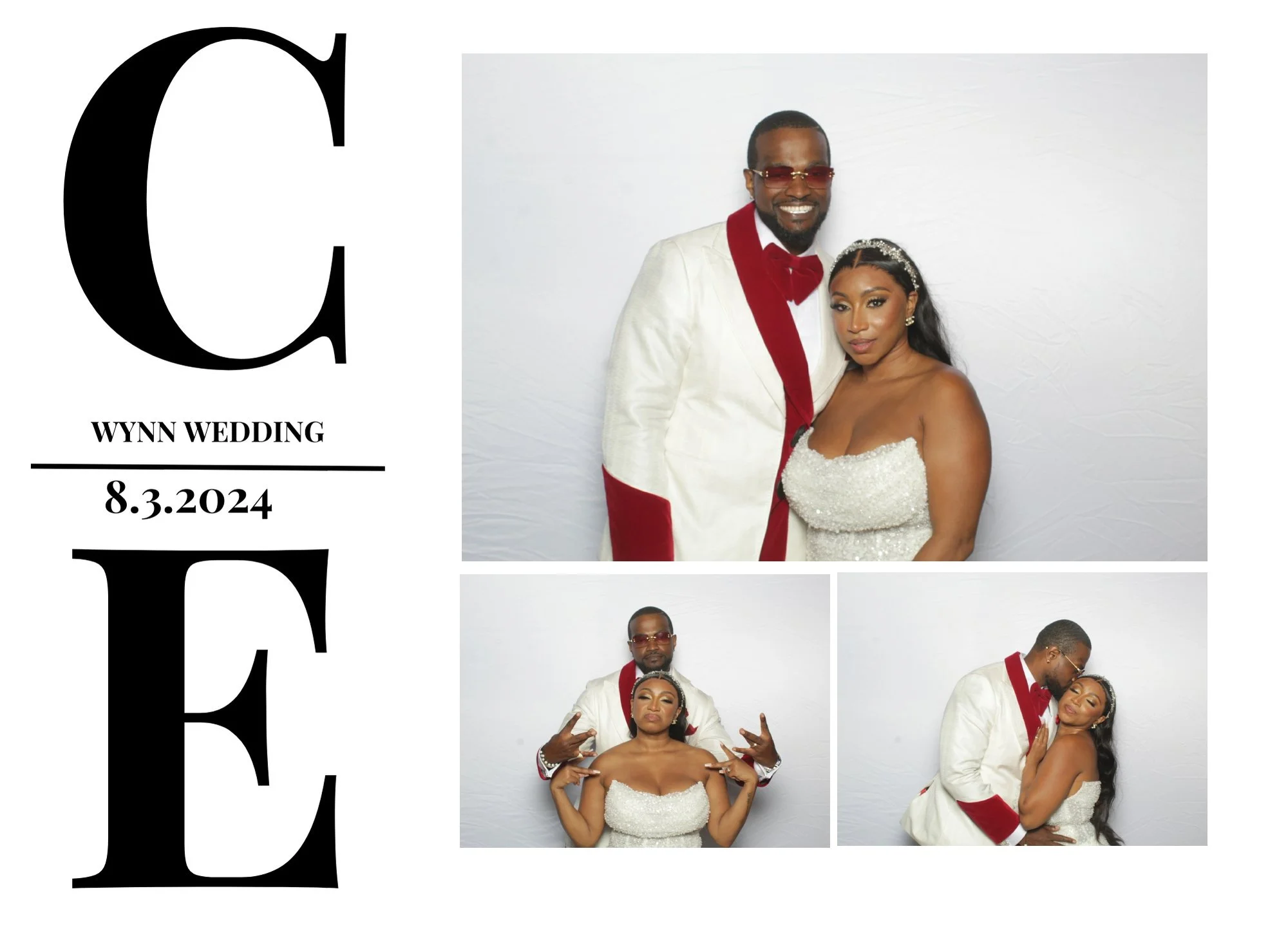 Collage of wedding photos featuring a married couple celebrating their wedding day, with text indicating 'Wynn Wedding' and the date '8.3.2024'.