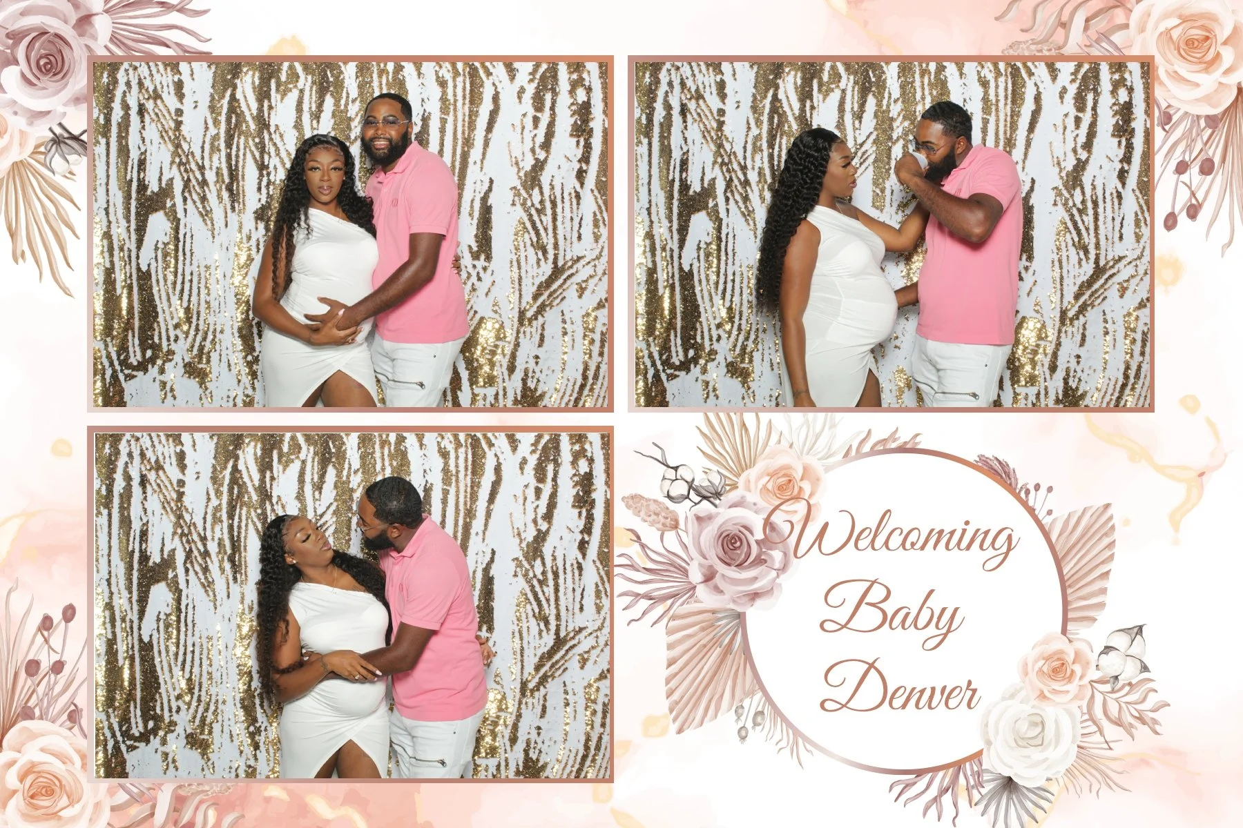 A couple posed in front of a gold and white sequin backdrop at a baby shower. The woman is pregnant, wearing a white dress, and the man is wearing a pink shirt and white pants. They are seen in various affectionate poses, celebrating the upcoming arr