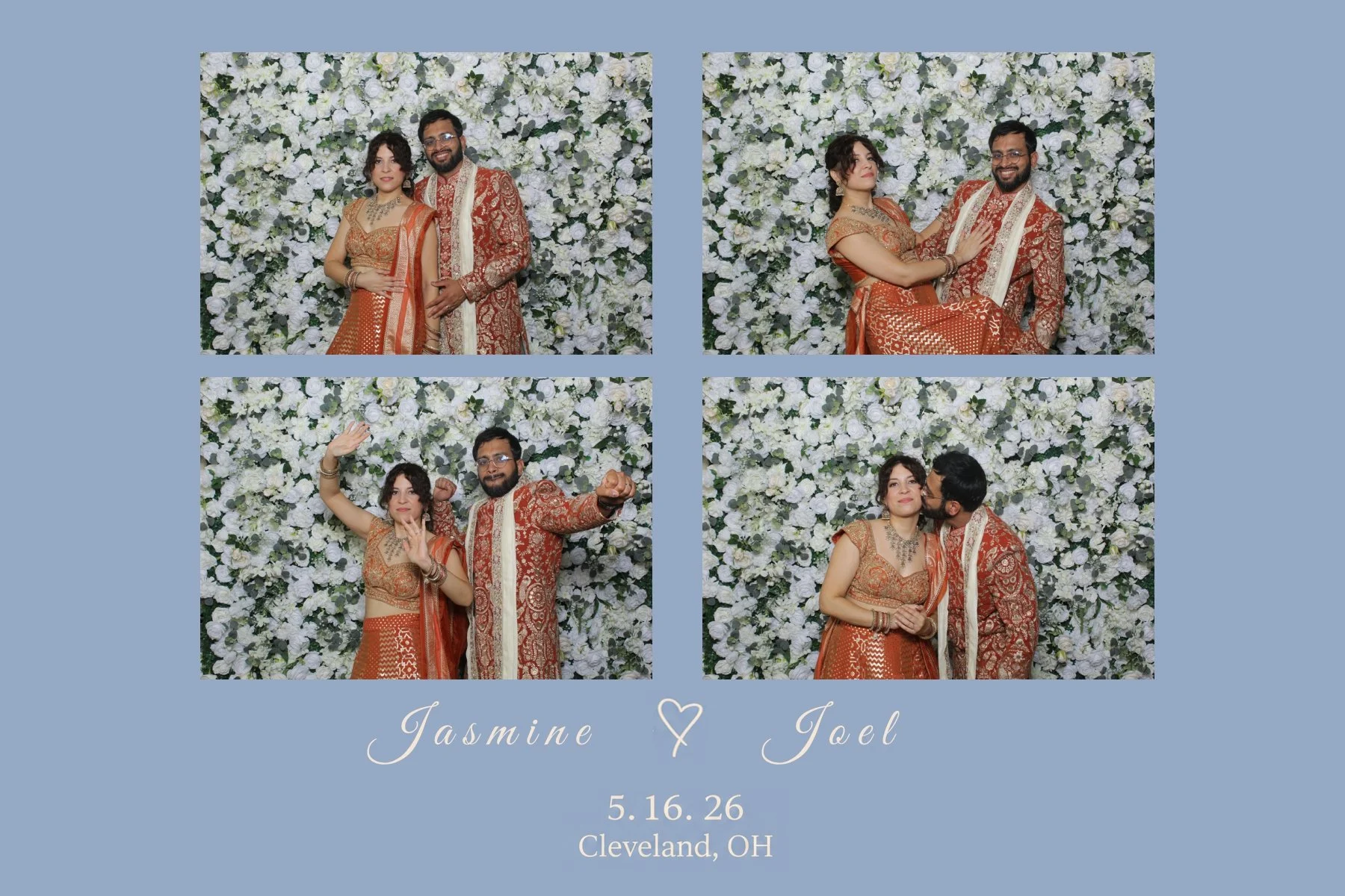A collage of four wedding photos featuring a couple dressed in traditional Indian attire, posing in front of a white floral backdrop. The bottom of the collage has their names Jasmine and Joel, along with their wedding date, 5.16.26, and location, Cl