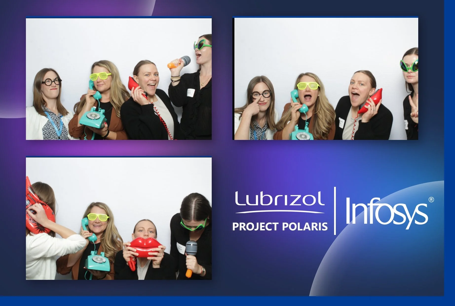 Group of women dressed in business casual attire posing with colorful retro telephones and playful accessories like sunglasses and balloons in a photo booth at an event, with a banner displaying logos and text.