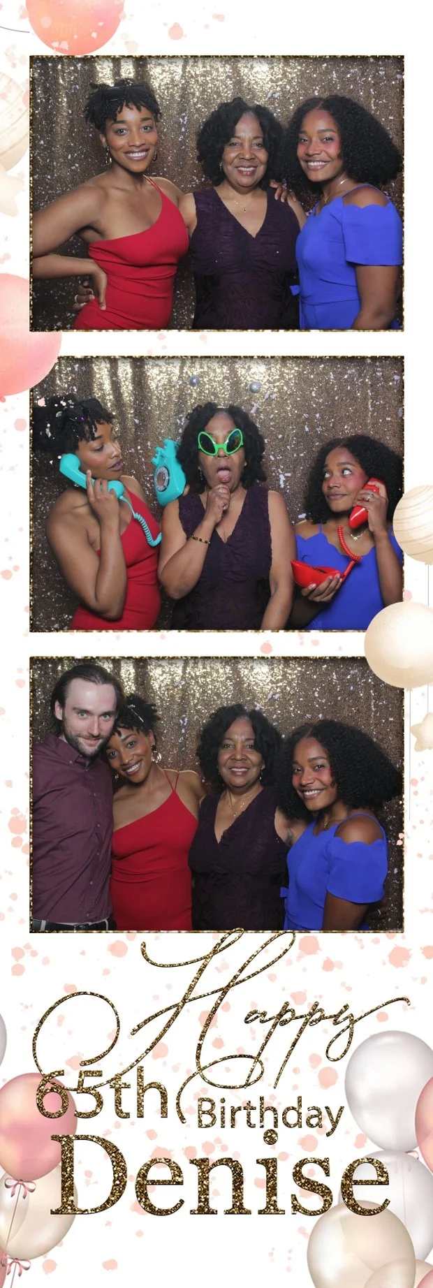 Three photos of four women at a birthday celebration with a gold sequin backdrop. The first photo shows two women in red and blue dresses, and a woman in the middle in a dark purple dress. The second photo shows the same women with two others, a woma