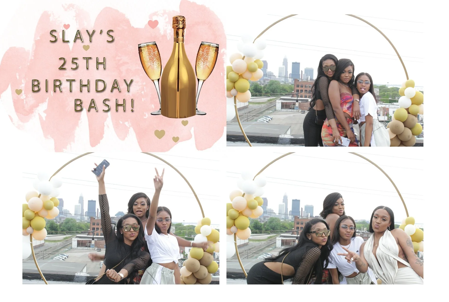 A collage of photos from a 25th birthday celebration with a pink backdrop, balloons, and a city skyline in the background. The top left includes text reading 'Slay's 25th Birthday Bash!' with an illustration of champagne bottles and glasses. The phot