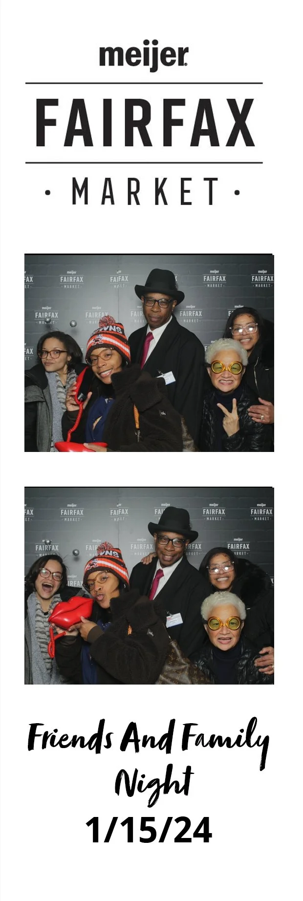 Photo booth pictures of a group of five diverse people attending the Fairfax Market event, with a backdrop and a logo at the top, taken at Friends and Family Night on January 15, 2024.
