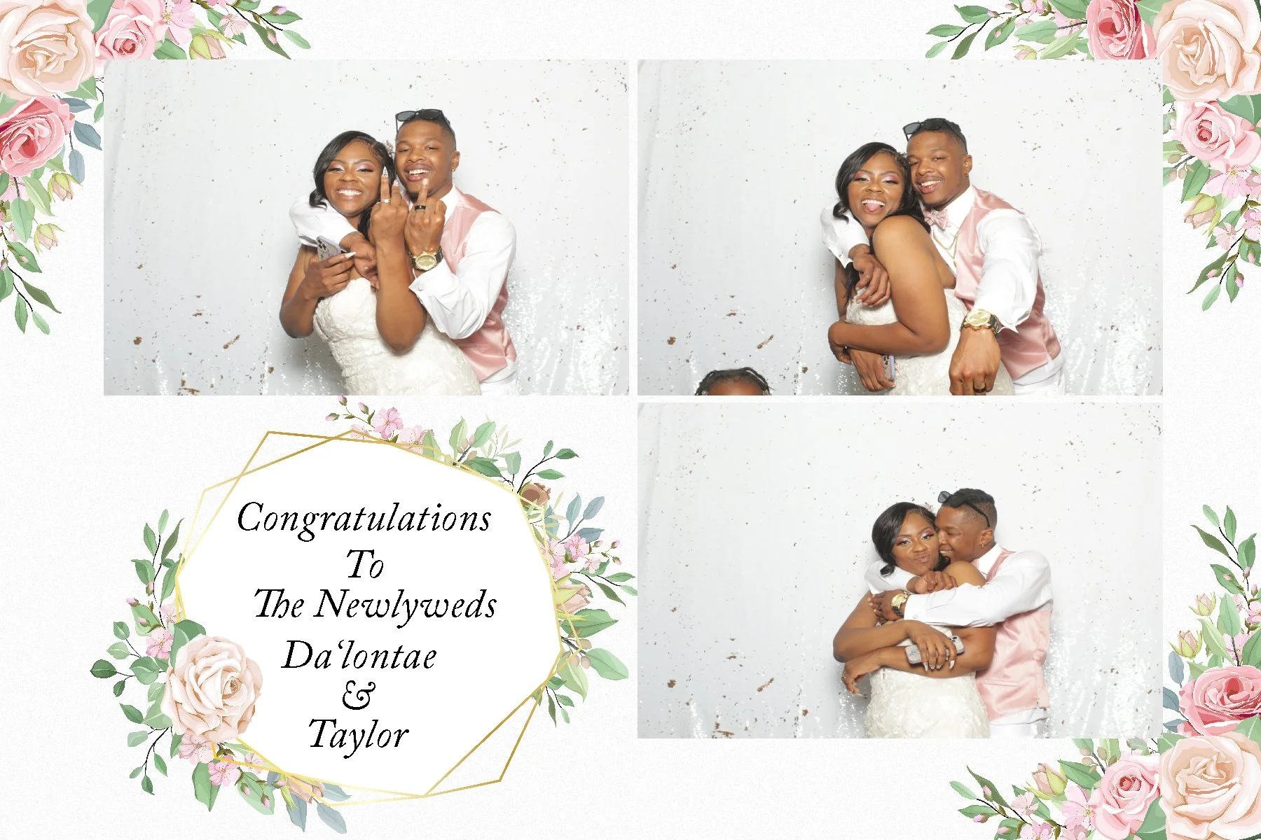 A collage of four photos of a newlywed couple, a woman in a white lace wedding dress and a man in a pink vest and white shirt, posing with joyful expressions against a white backdrop. The collage has floral border designs with pink roses and green le