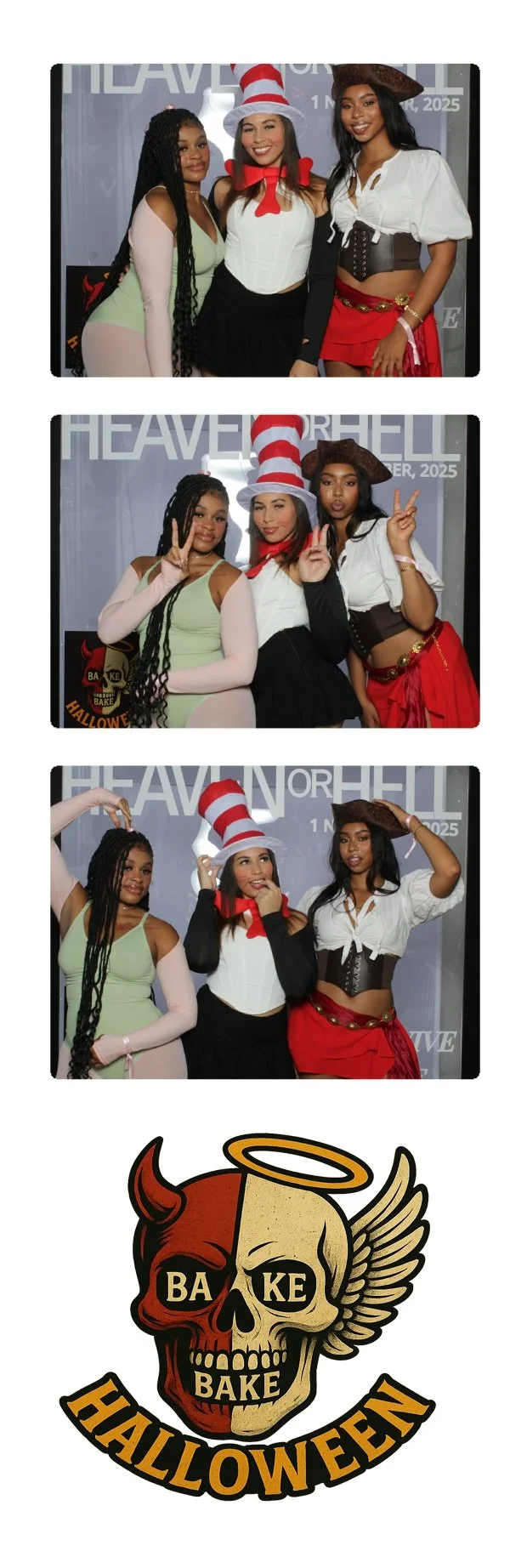 Three women dressed in Halloween costumes posing for photos at an event, with a Halloween-themed logo at the bottom.