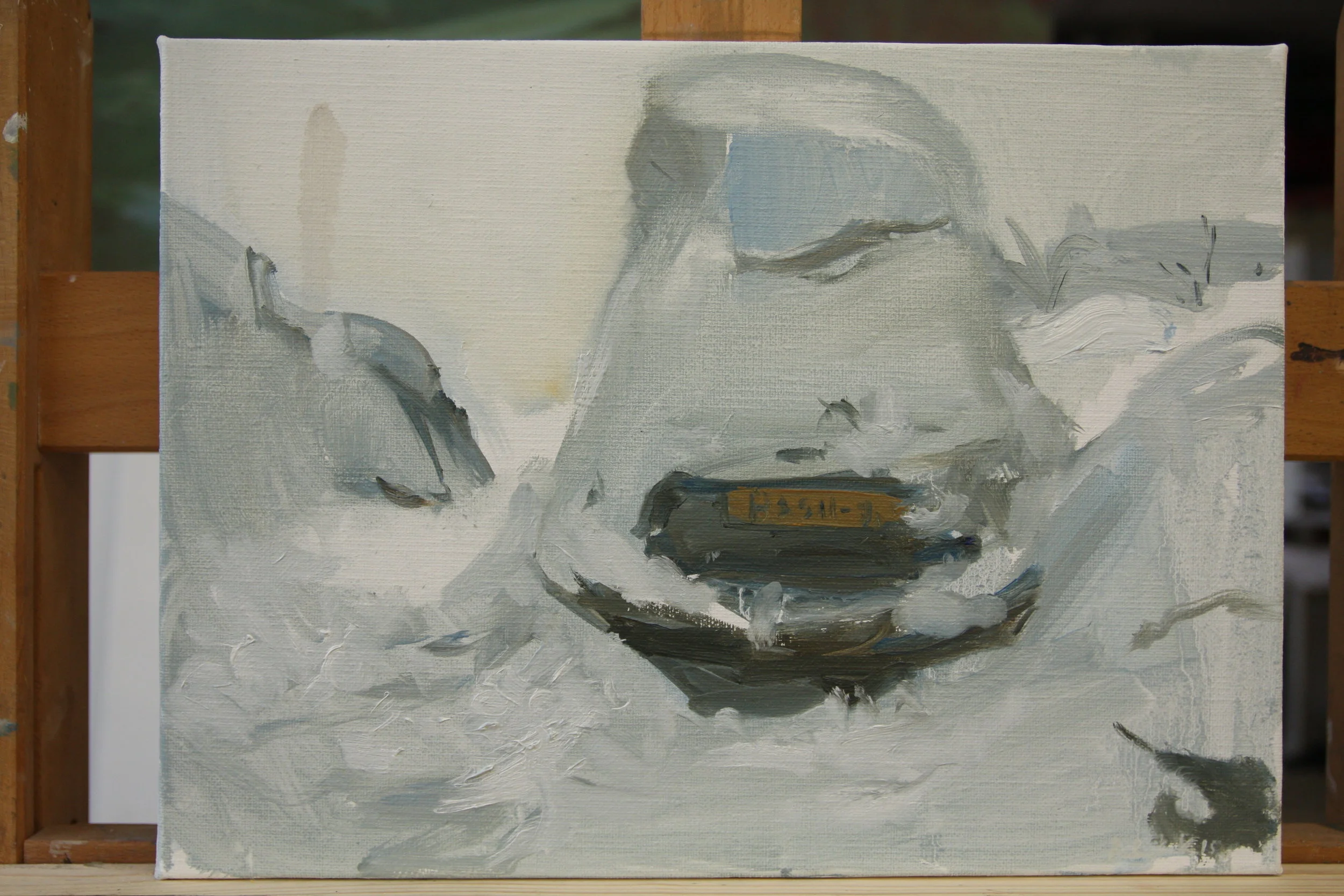 Auto in de sneeuw, olie op doek, 30x40