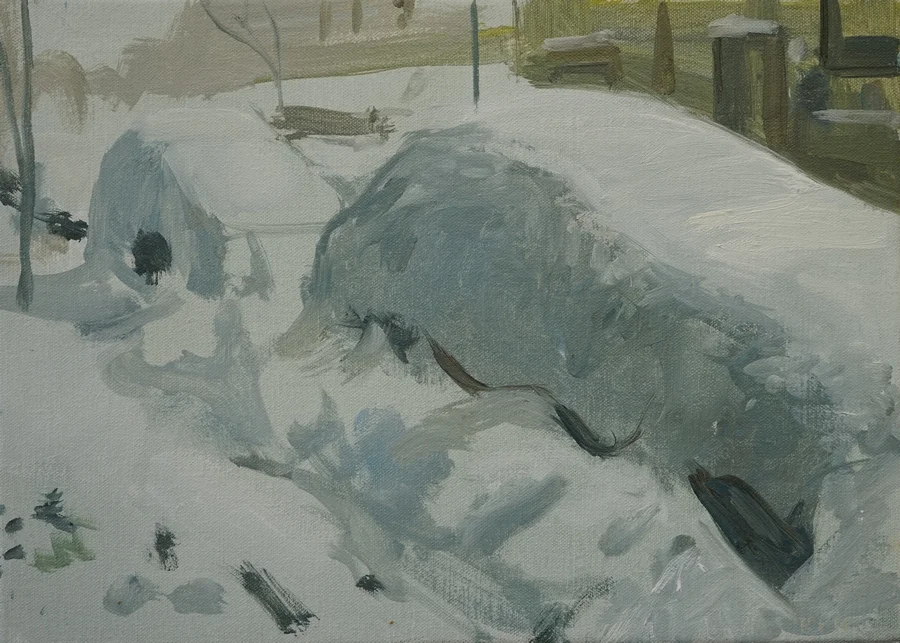 Auto in de sneeuw, 24x30, olie op doek