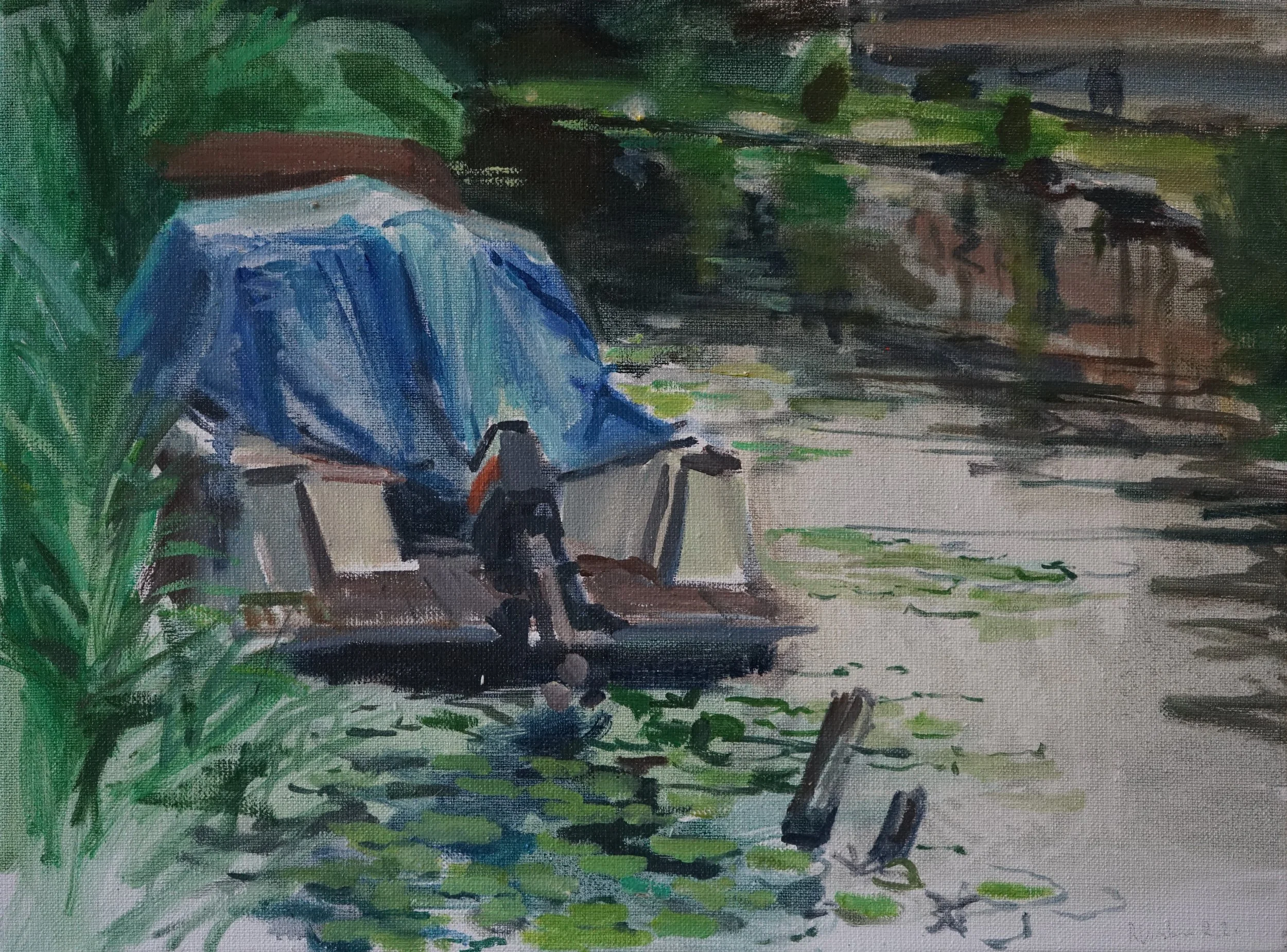 Bootje met blauw dekzeil, 30x40 cm, olieverf op doek, 2021, 1250,-