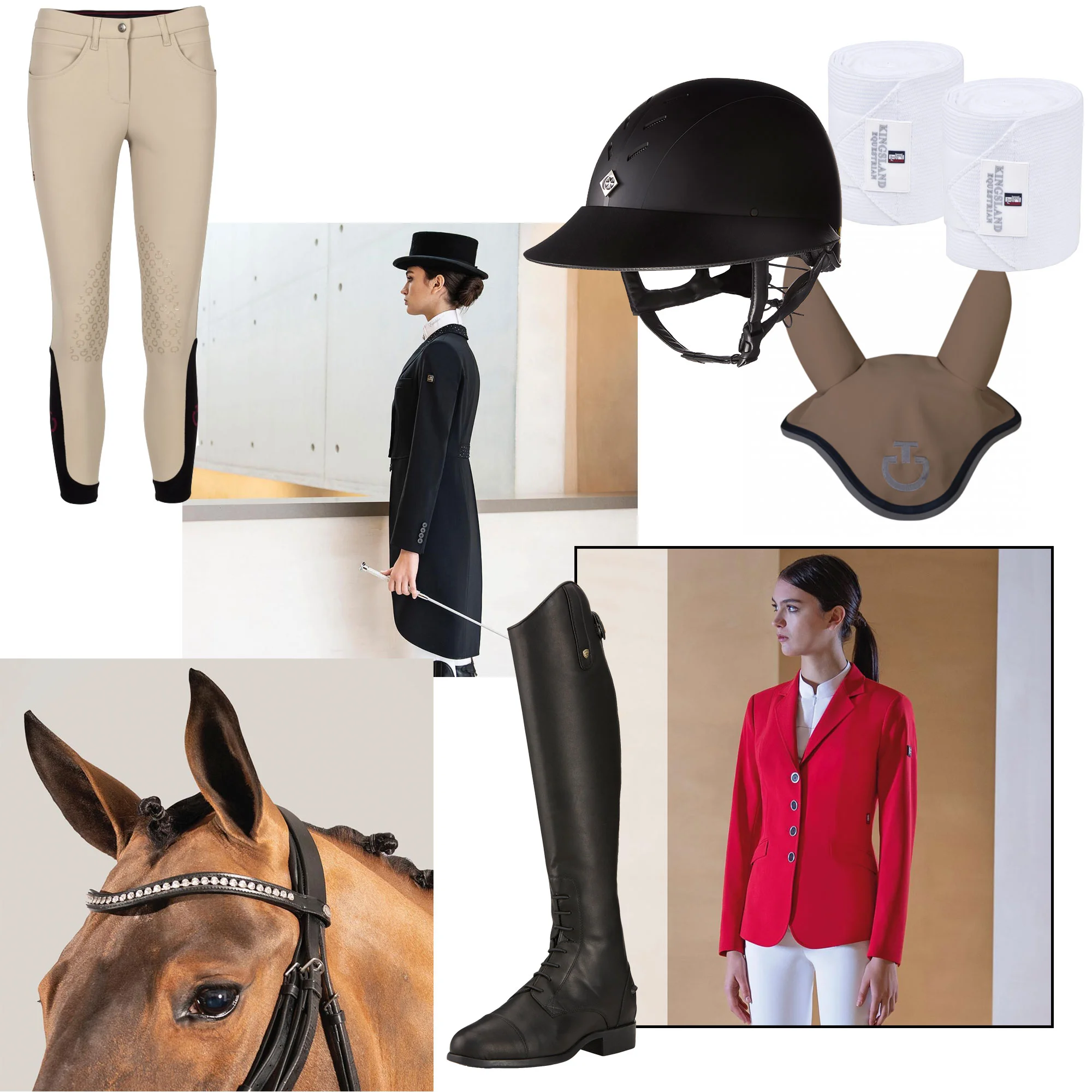 Ridebukser fra Cavalleria Toscana, stevnejakker fra Equiline, hjelm fra Charles Owen, ørehette fra Cavalleria Toscana, bandasjer fra Kingsland, hodelag fra Equiline, støvler fra Ariat