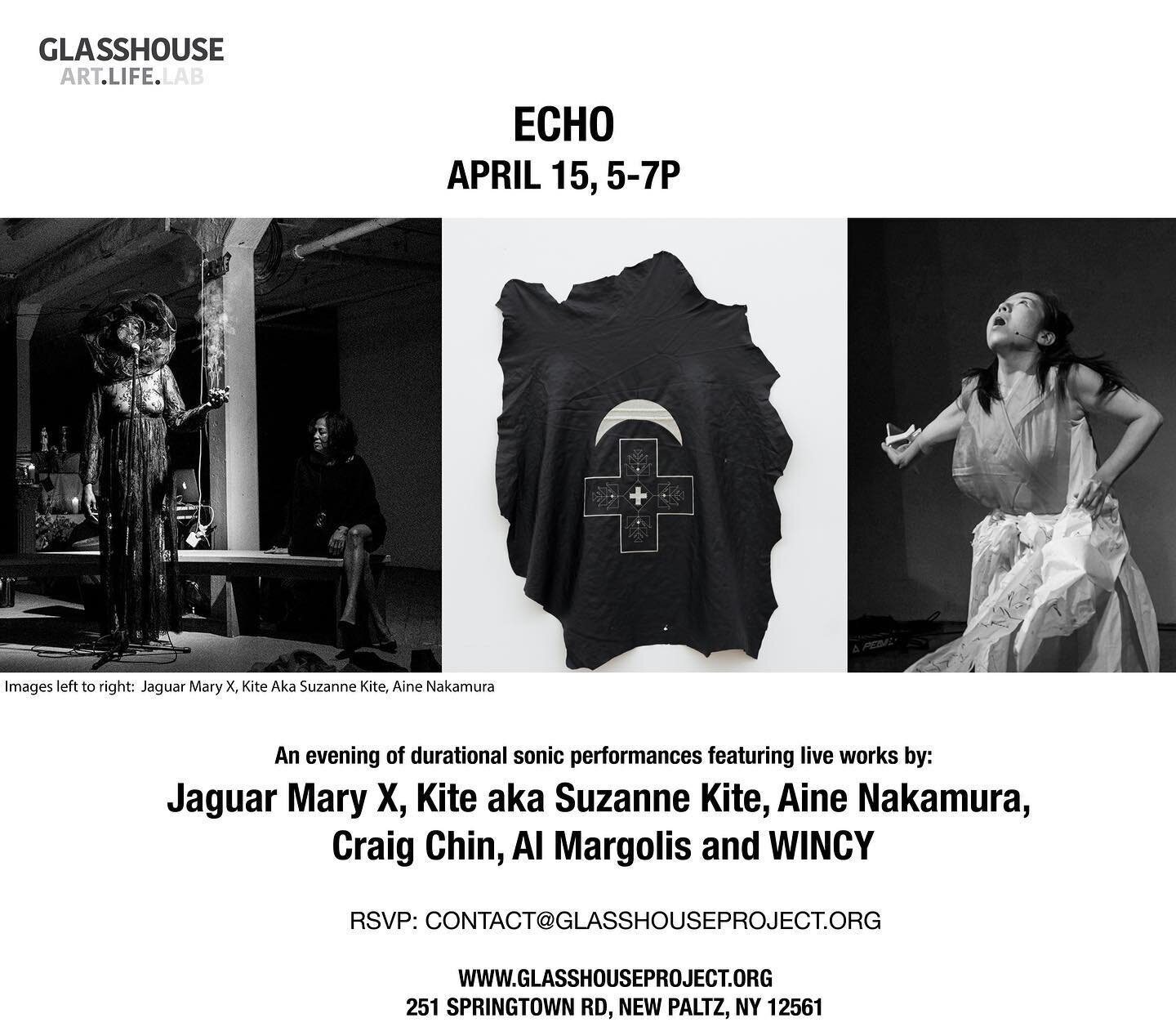 ECHO is Tomorrow! Jaguar Mary X, Kite aka Suzanne Kite, Aine Nakamura, Craig Chin, Al Margolis and WINCY (aka Winslow &amp; Nancy Kim)
@jaguarmaryx @kitekitekitekitekite @nan_kim_ @ainenaka @craig.chin 
ECHO is dedicated to sonic performances, which 