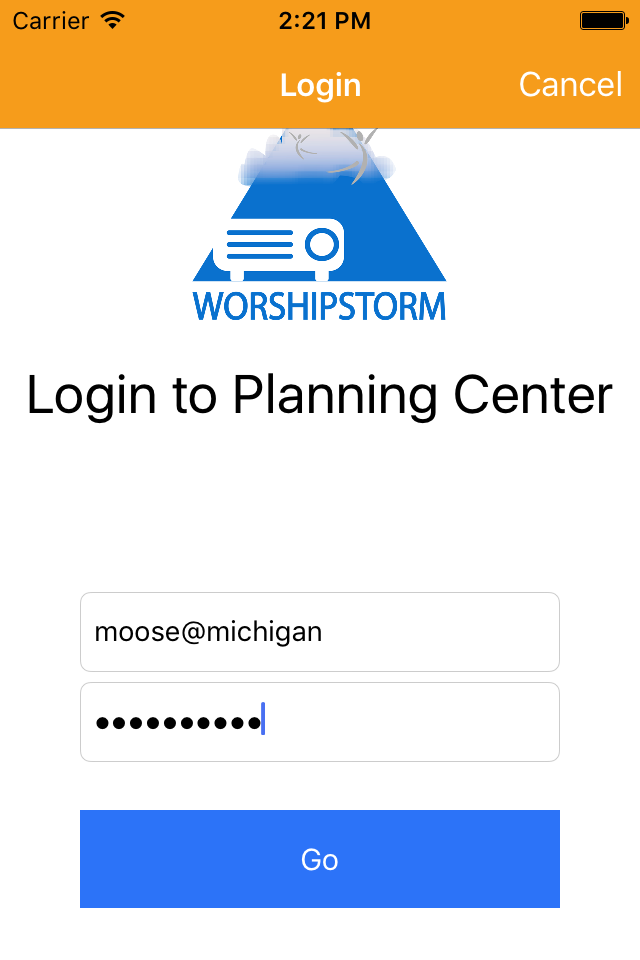 WorshipStorm Projector login to Planning Center