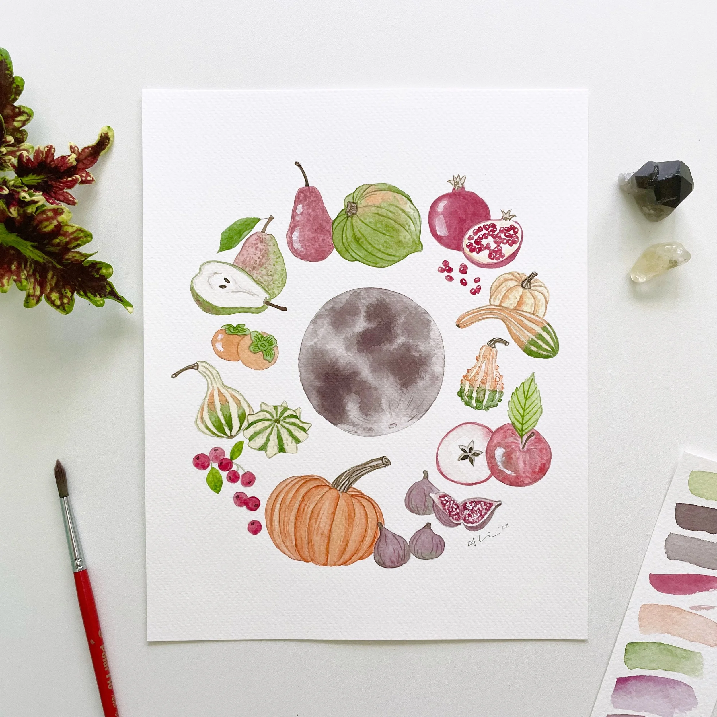 Harvest Moon Watercolor Painting