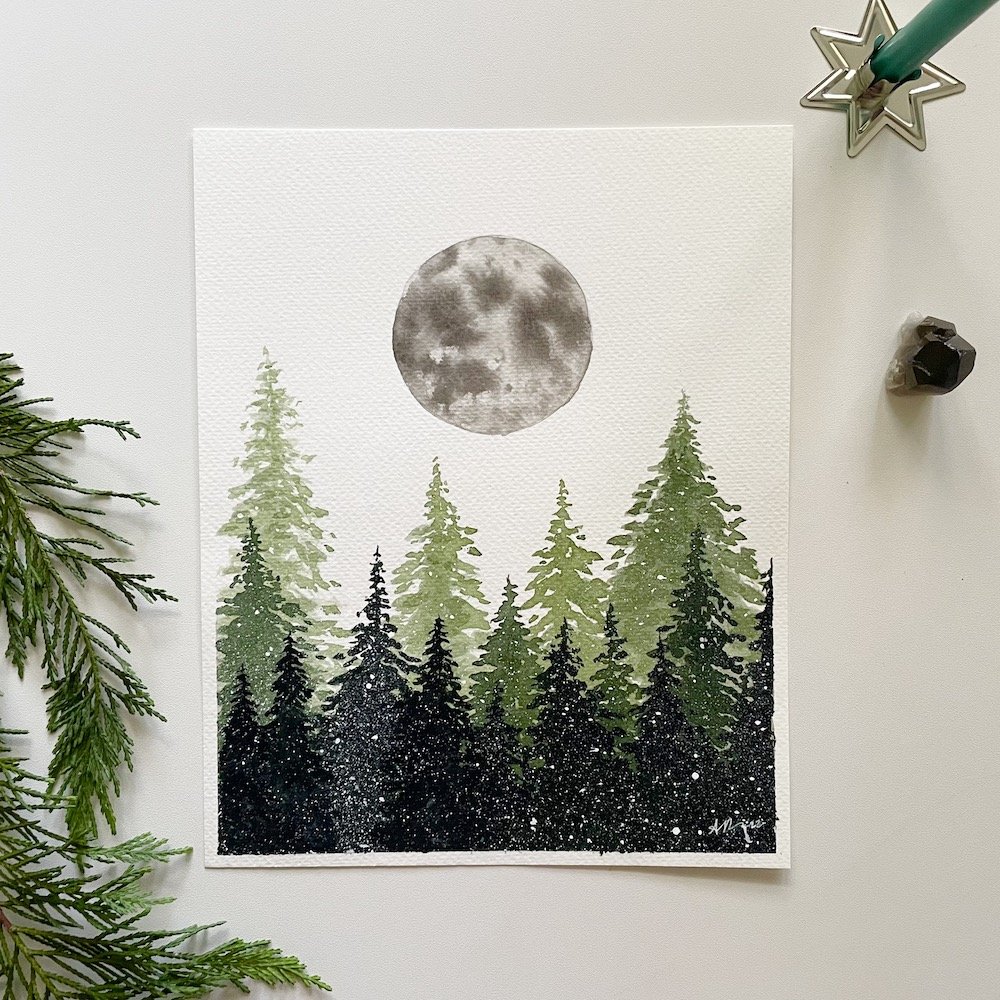 Snow Moon Watercolor Painting