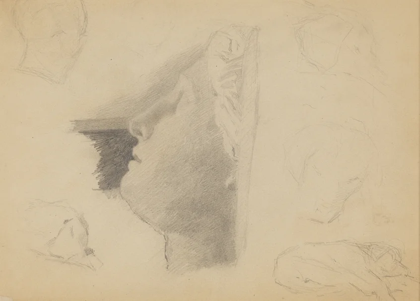 Thomas Eakins, Cast drawing: Head in Profile; Sketches of a sleeping dog, 1862-66.