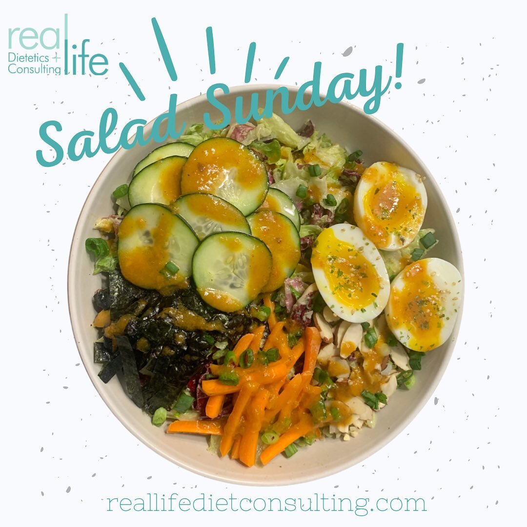 Todays&rsquo; salad is an interesting twist on one of my fav salads, and Asian Cobb Salad: iceberg and radicchio in homemade creamy avocado ginger yogurt dressing, topped with furikake sprinkled 6 minute eggs, almonds, carrots, nori, and pickled cucu