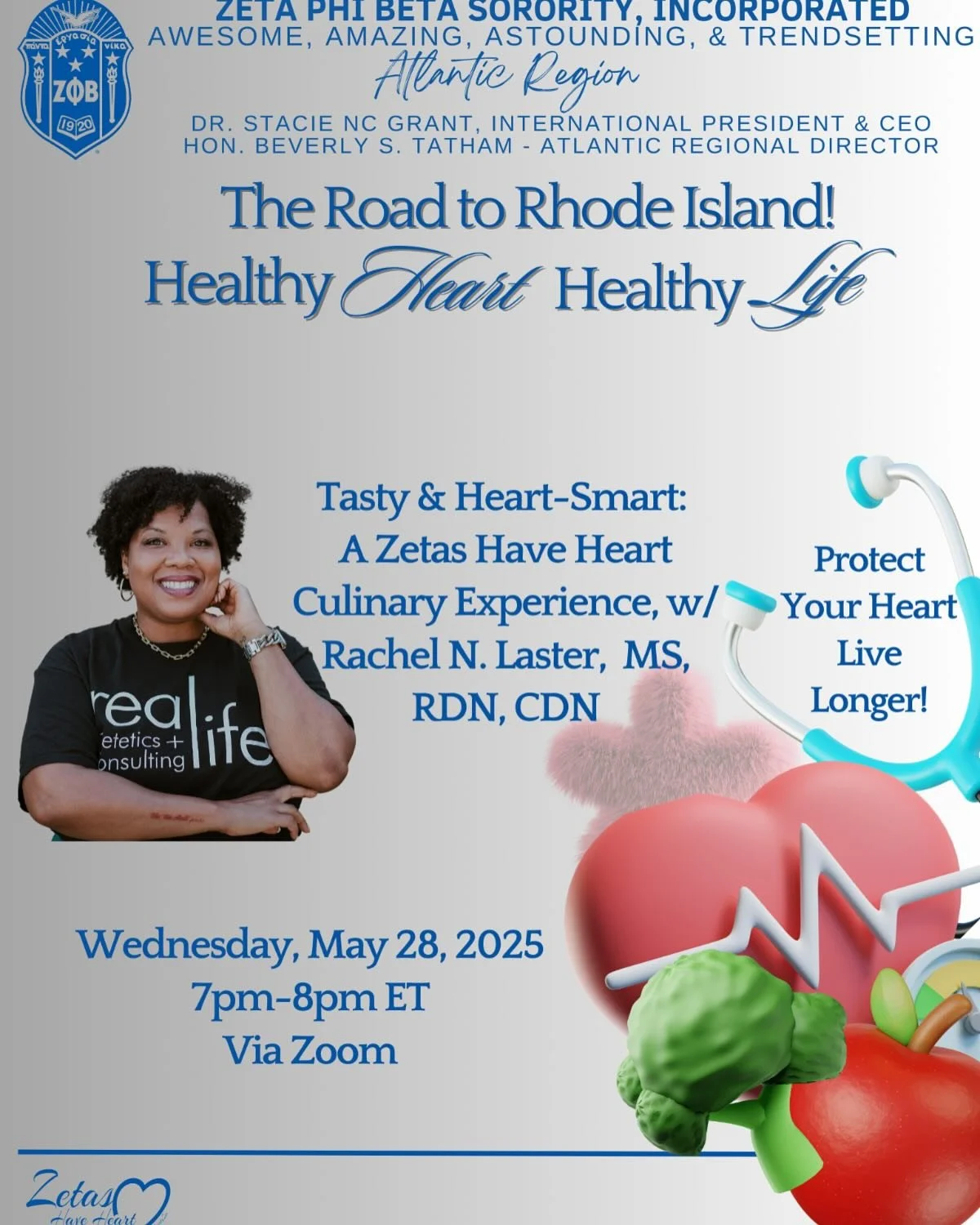 &ldquo;Zeta&rsquo;s Have Heart&rdquo; is an programming initiative of my sorority, and I am excited to invite you to a virtual heart healthy live cooking demonstration hosted on Wednesday, May 28, 2025 at 7:00pm EST.
Free and open to the public! Regi