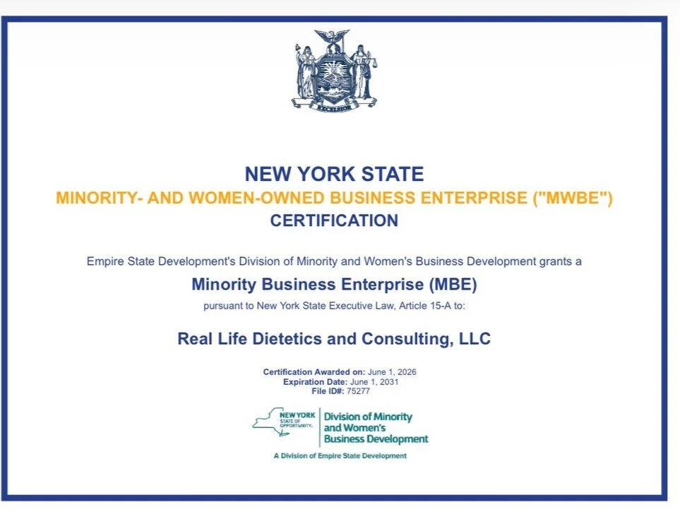 Yay RLDC! Got my MWBE state certification today! Y&rsquo;all can book with me at www.reallifedietconsulting.com
