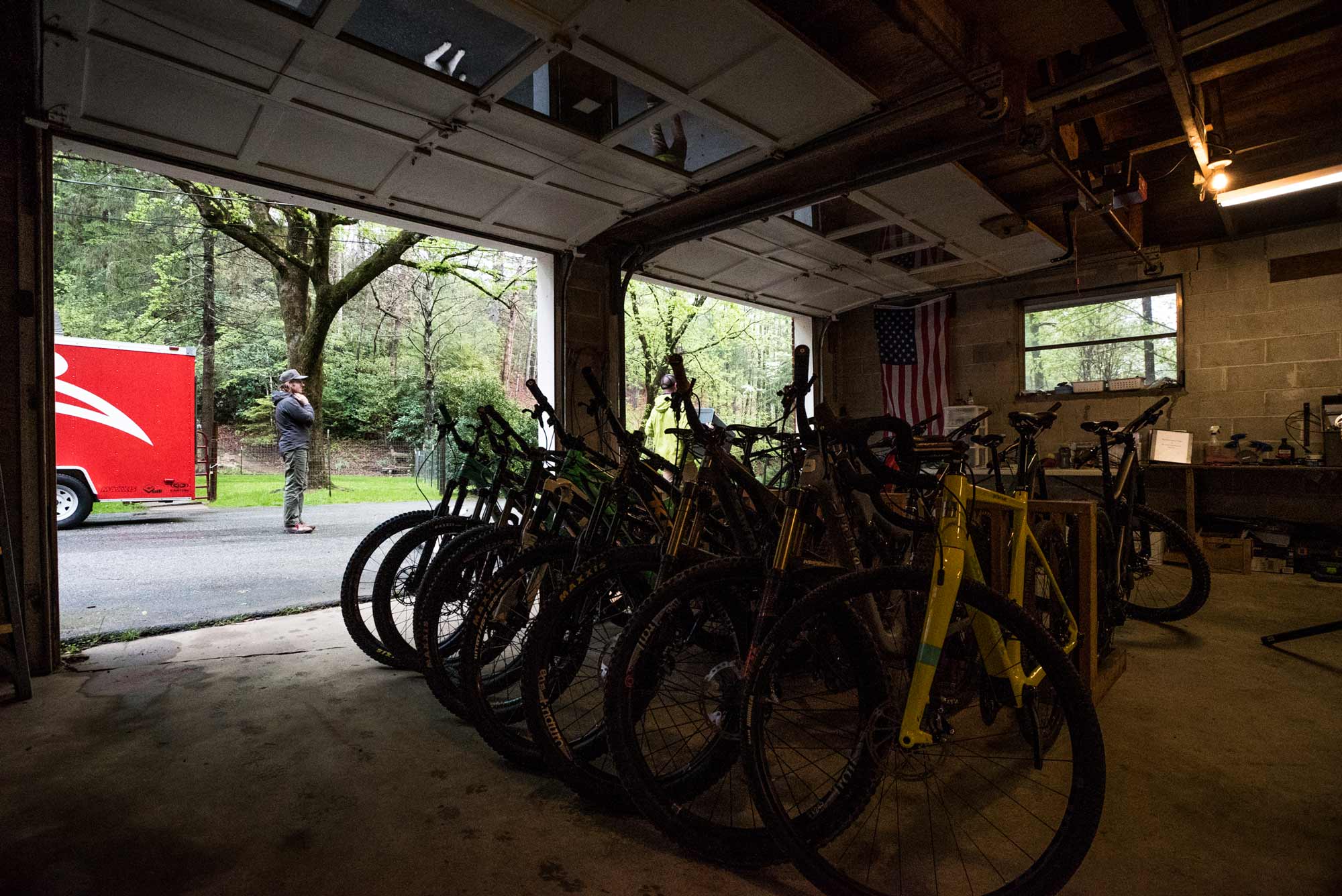 Mountain bikes inside the Bike Farm garage in NC