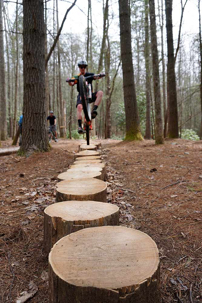 Mountain biker going over stump obstacles at the Bike Farm