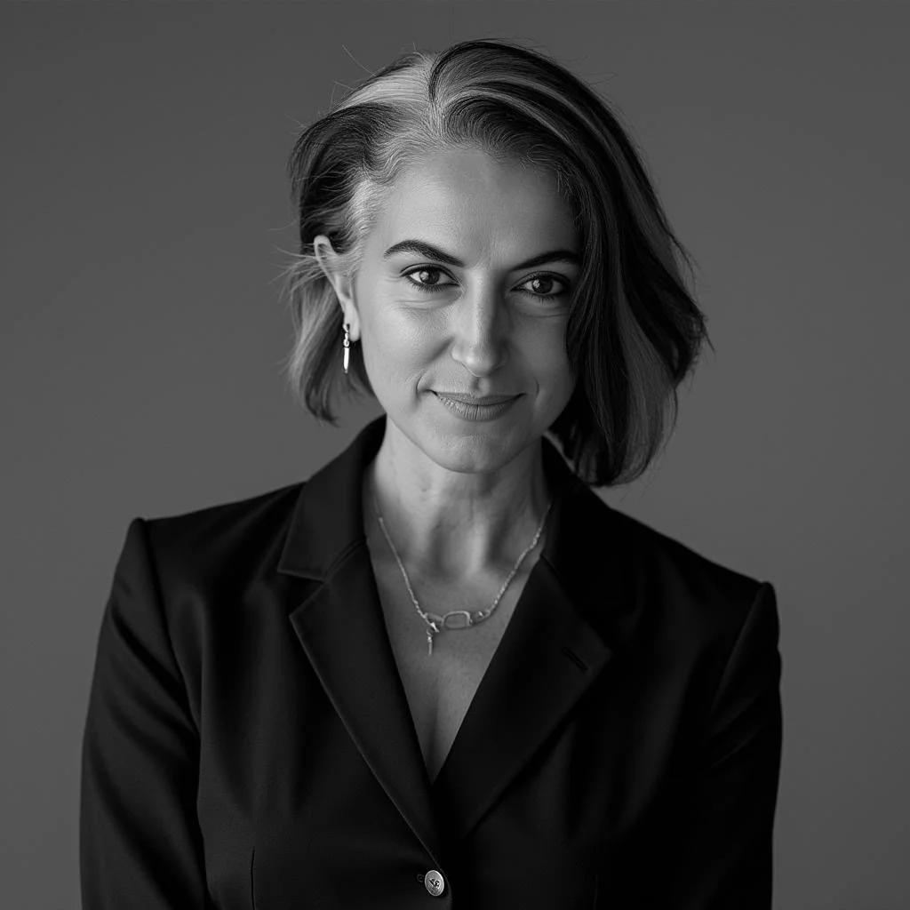 Black and white portrait of a woman with short, wavy hair, wearing a dark blazer and jewelry, smiling softly at the camera against a plain background.
