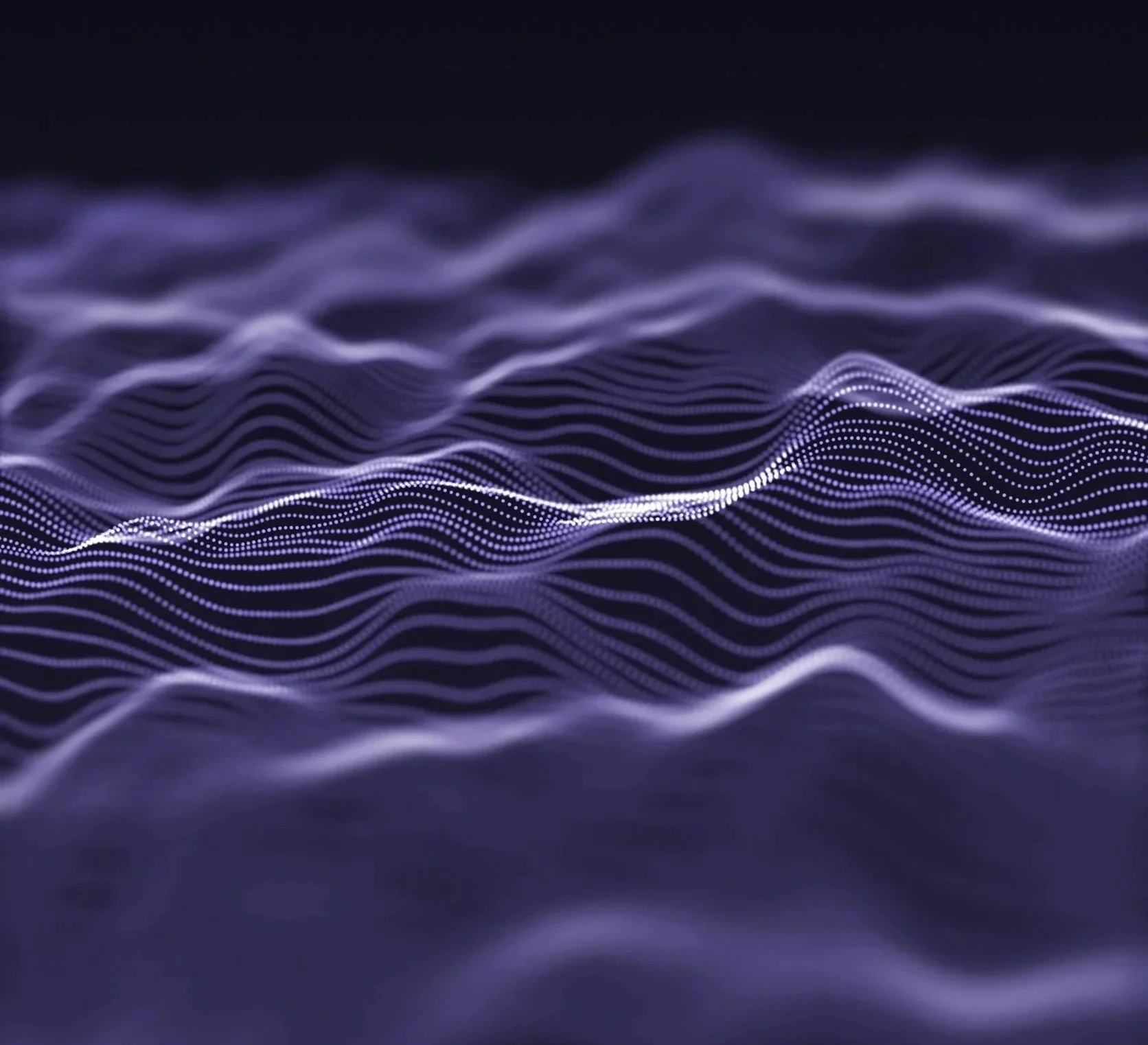 Abstract digital wave pattern with glowing purple lines and dots on a dark background.