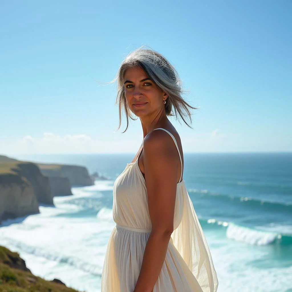A woman with gray hair wearing a white dress standing on a beach with cliffs and the ocean in the background.