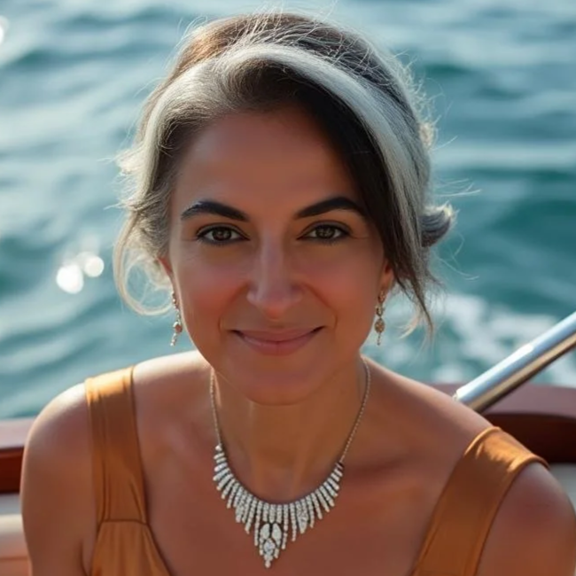 A smiling woman with short gray and brown hair on a boat, wearing a brown dress, a silver necklace, and earrings, with water in the background.