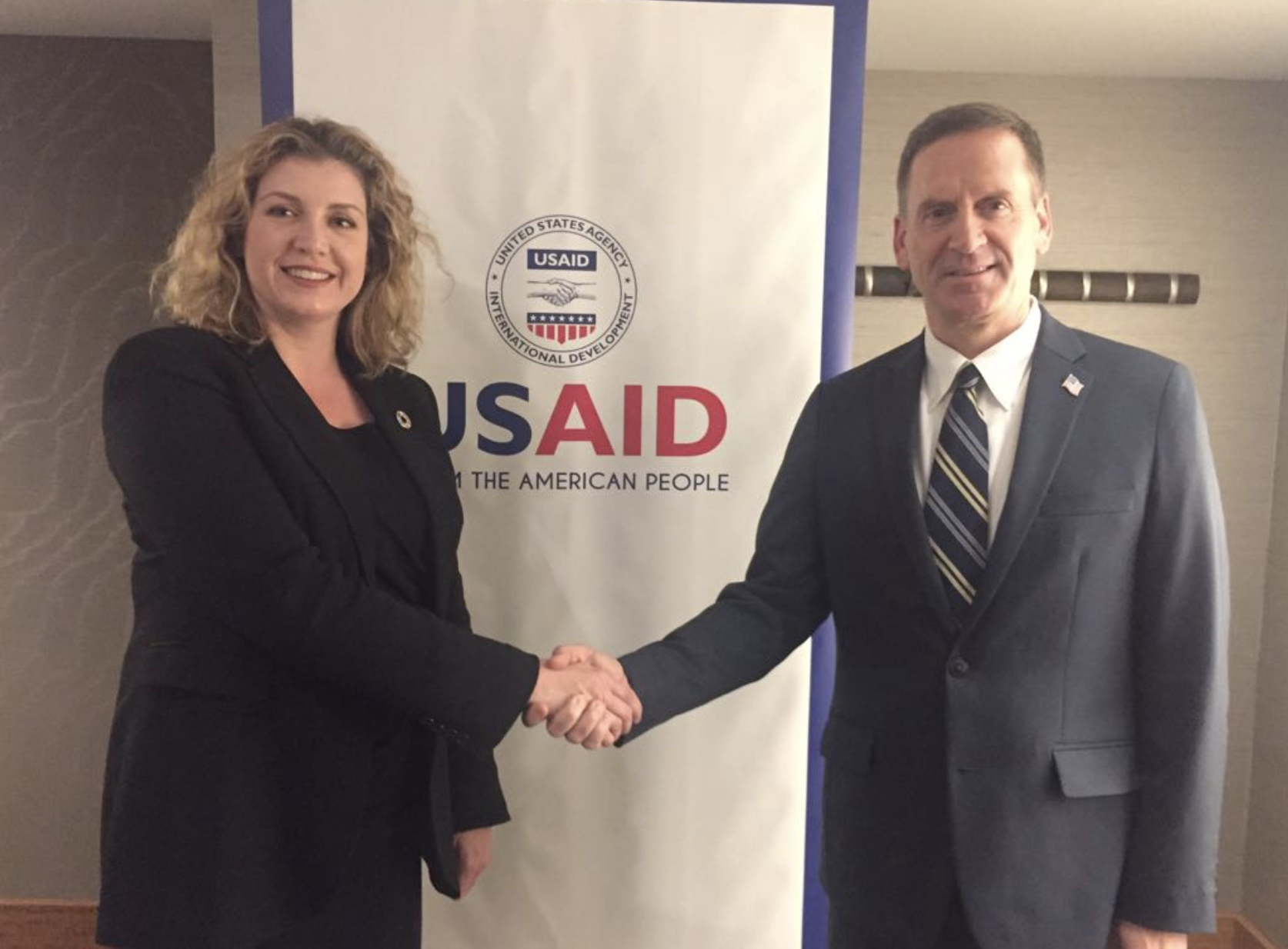 USAID Administrator, the Honourable Mark Green, and UK Secretary of State for DfID, the Right Honourable, Penny Mordaunt, announcing the Humanitarian Grand Challenge.
