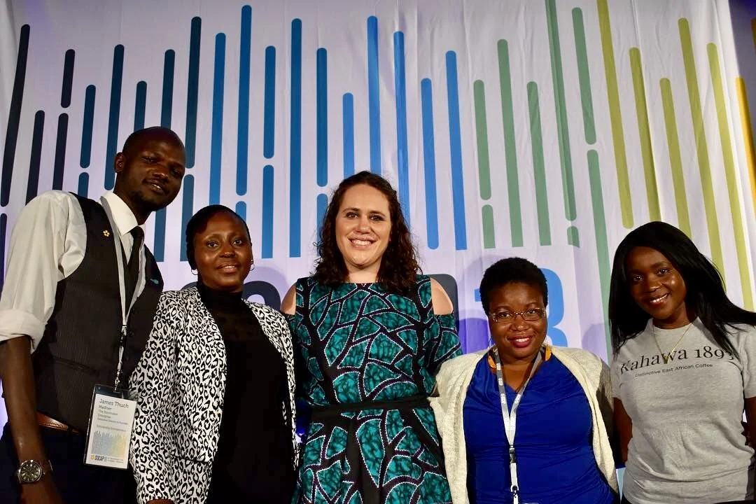 Panel at SOCAP18: Women’s Entrepreneurship in Africa: The Key to Sustainable Development. Panelists from left to right: James Madhier of the Rainmaker Enterprise, Pauline Mbayah of The AECF , Liz Grossman of Baobab Consulting (moderator), Salem Afangideh of Thrive African Girl , and Margaret Nyamumbo of Kahawa 1893 .