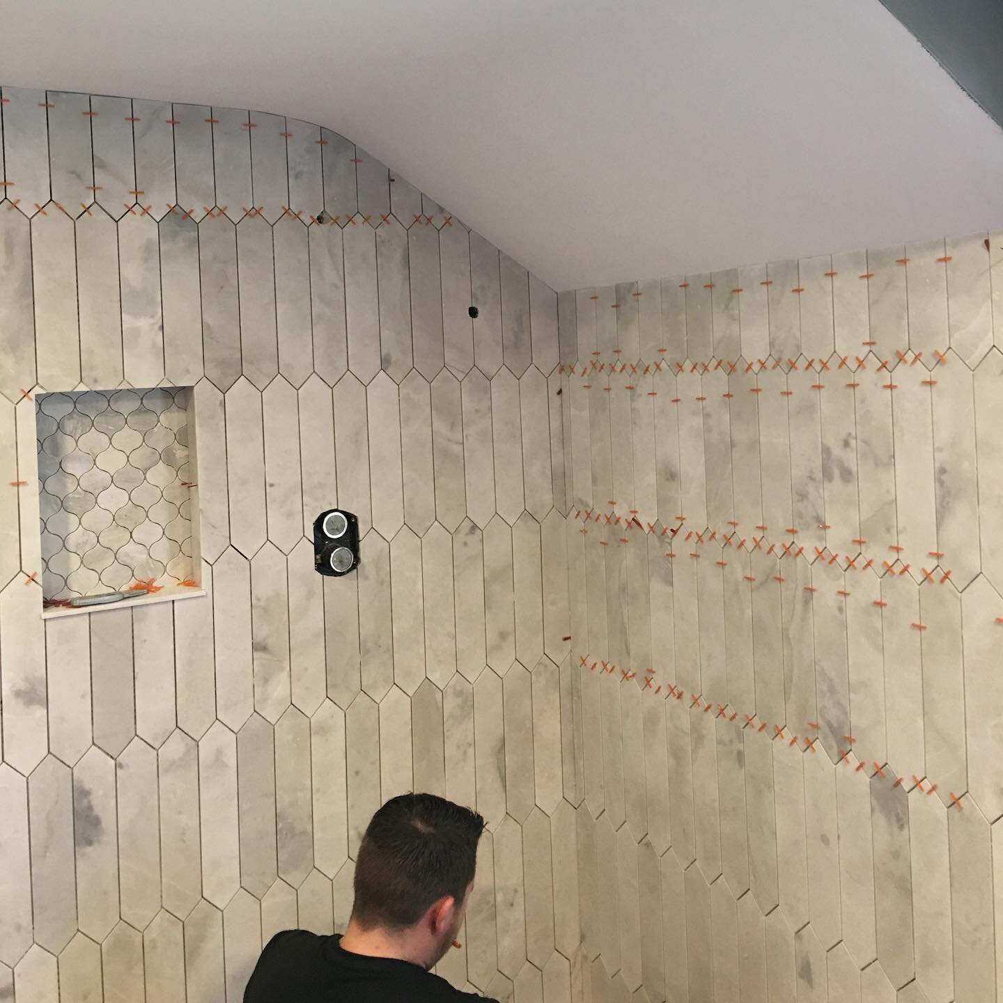 Master bath in process! @kimberlee_kristine @daltile_spokane_ssc @daltile #custom #marblepicket #marbleshower #designer #designbuild #almostthere