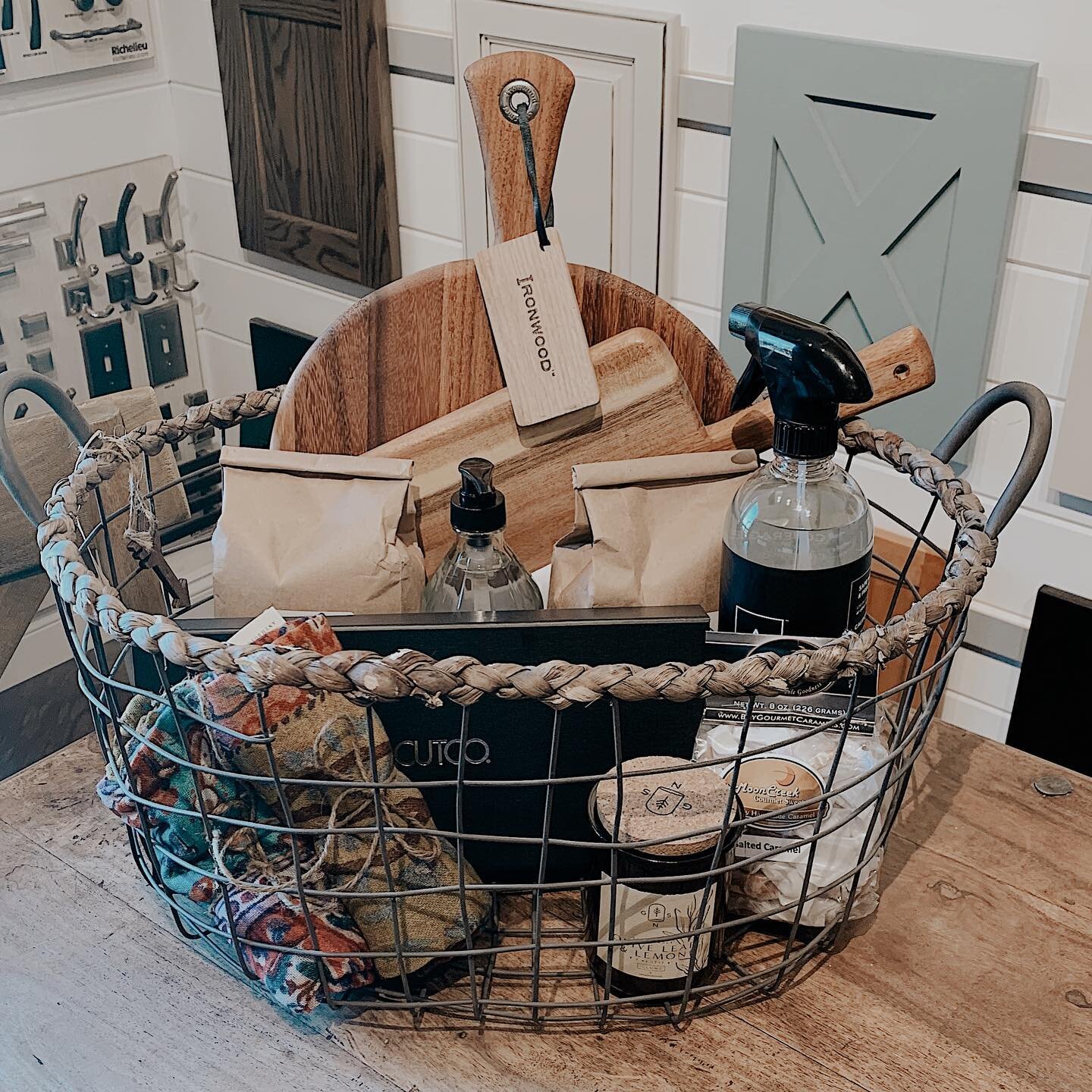 End of project client gift basket: one of my favorite parts of design work @kimberlee_kristine @anthropologie @fingerka @cutcocutlery @andersontuftex @worldmarket #giftbaskets #custom #happyclients #clientgifts #cutco #anthropologie #worldmarket #des