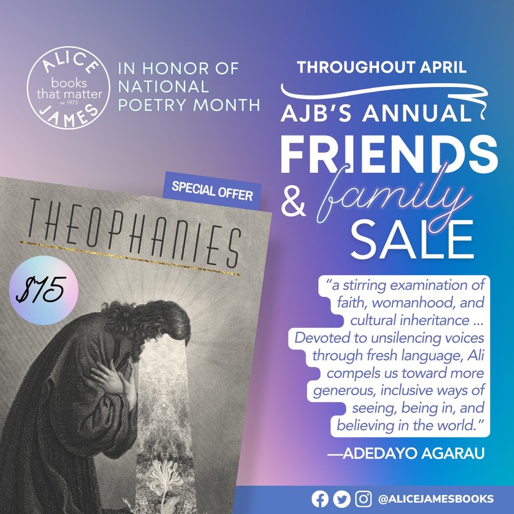THEOPHANIES by Sarah Ghazal Ali is on sale in celebration of #NationalPoetryMonth! This &ldquo;fearless and tender&rdquo; collection (Ocean Vuong) sold out almost immediately upon its January release. Get yours for just $15 at the link in our stories