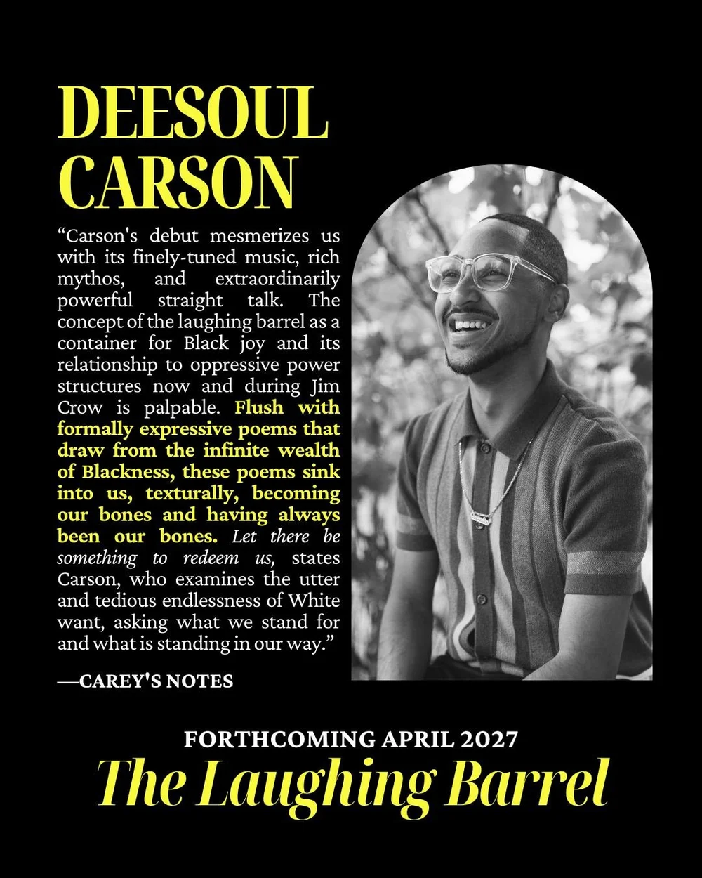 Some exciting news! Alice James will publish DeeSoul Carson's debut poetry collection, THE LAUGHING BARREL, in April 2027. THE LAUGHING BARREL was a finalist for the 2025 Alice James Award, and we're elated that this collection and Carson have found 