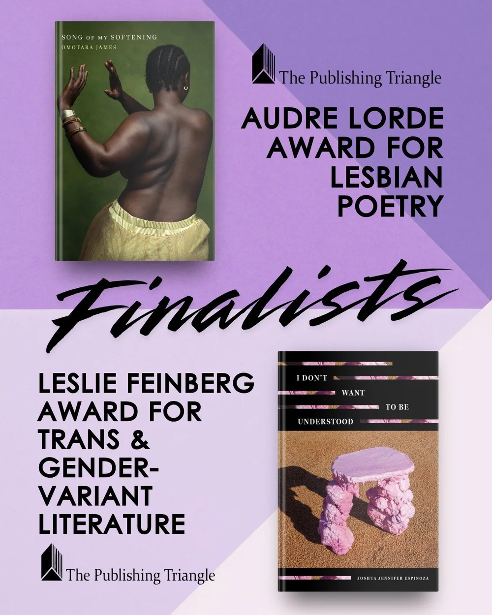 Congratulations to AJB authors Omotara James &amp; Joshua Jennifer Espinoza, whose collections SONG OF MY SOFTENING and I DON'T WANT TO BE UNDERSTOOD are finalists for the Publishing Triangle's 2025 Audre Lorde and Leslie Feinberg Awards 🥳 We're so 